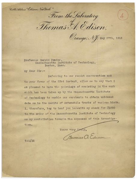 Thomas Edison Letter Signed Regarding Work Done by MIT to ''obtain unbiased data as to the merits of Automobile Trucks of various kinds''